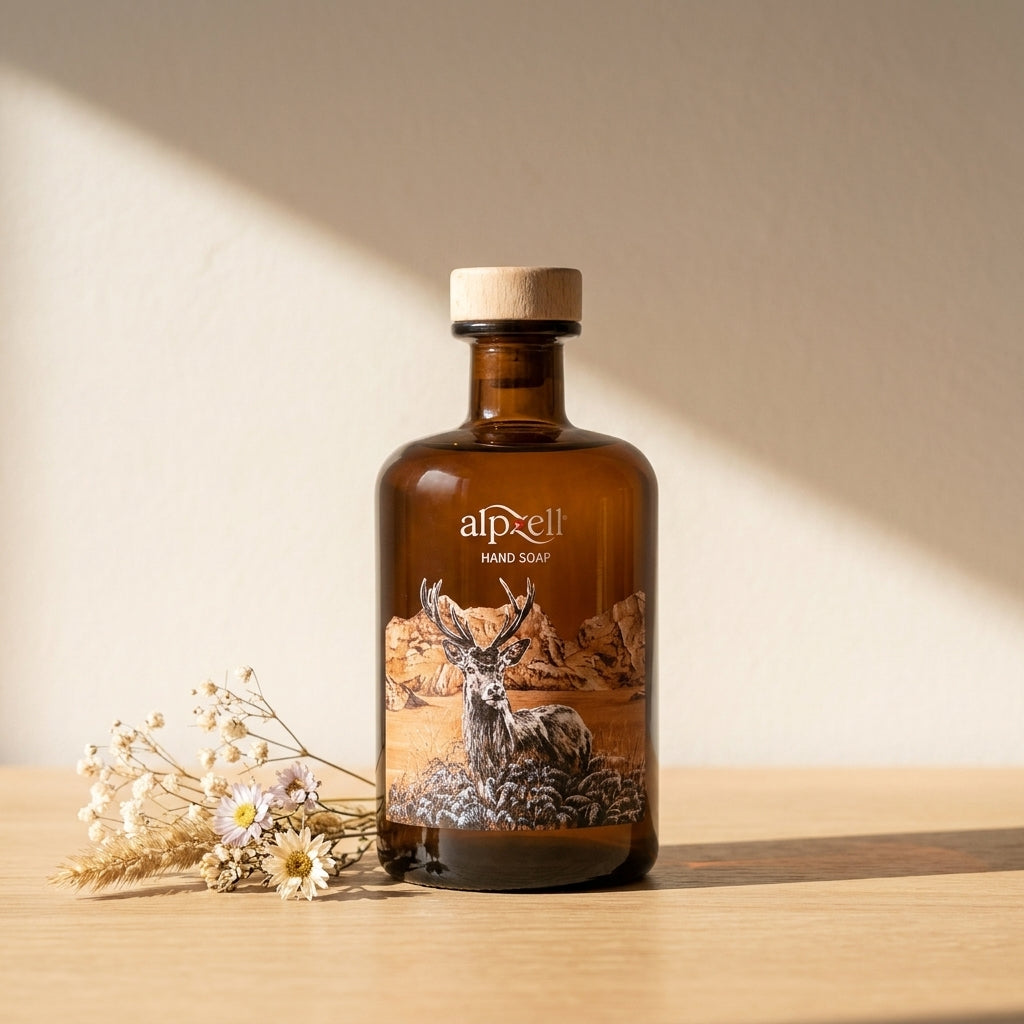 Alpzell Handseife Glasflasche personalisiert (500 ml) – Schweizer Pflege aus dem Appenzell, Detailansicht